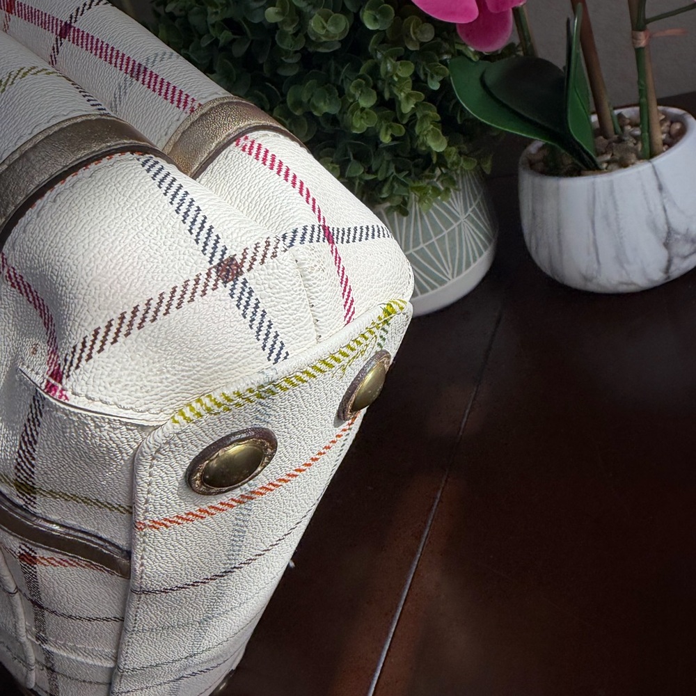 Coach Peyton Tattersall Plaid Satchel Tote Coated Canvas Ivory - Picture 9 of 16